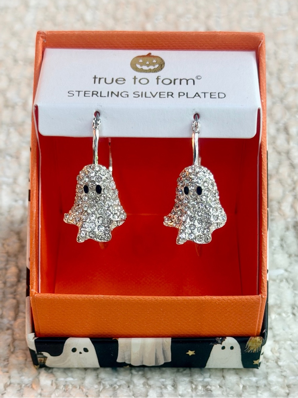 True To Form Rhinestone Ghost Hoop Earrings Sterling Silver Plated Halloween New